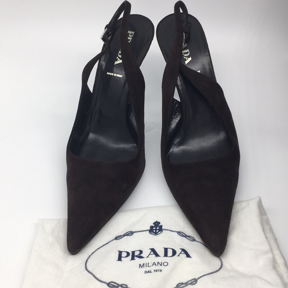 Gorgeous Prada heeled slingback brown suede shoes made in Italy